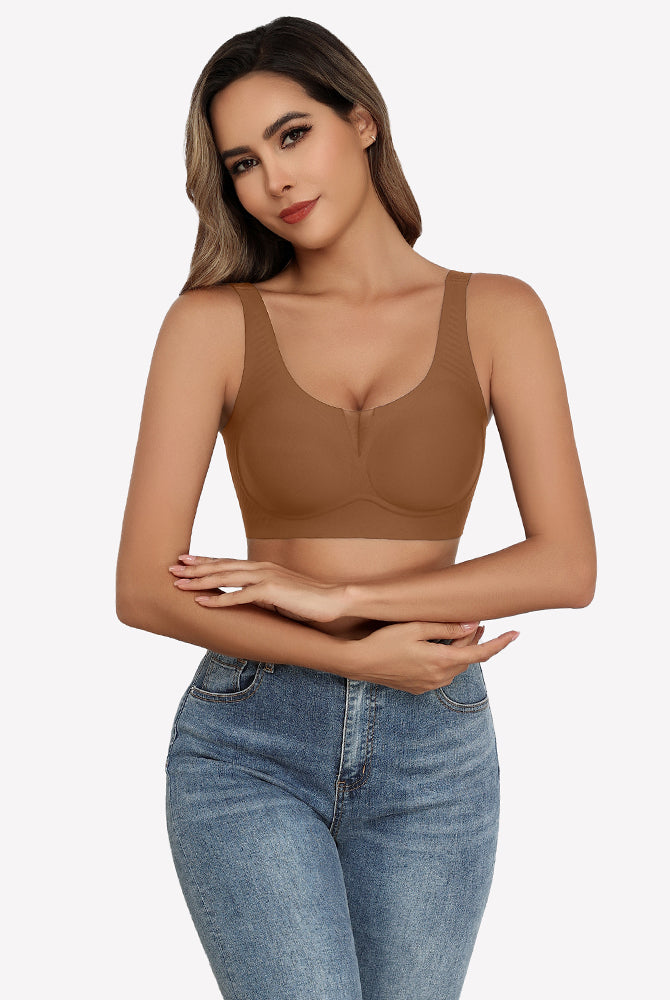 Brown seamless deep V comfort bra, full coverage and support, wireless design, worn by a model