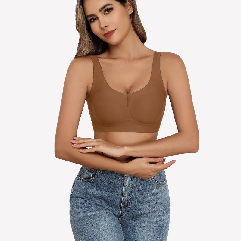 Brown seamless deep V comfort bra, full coverage and support, wireless design, worn by a model