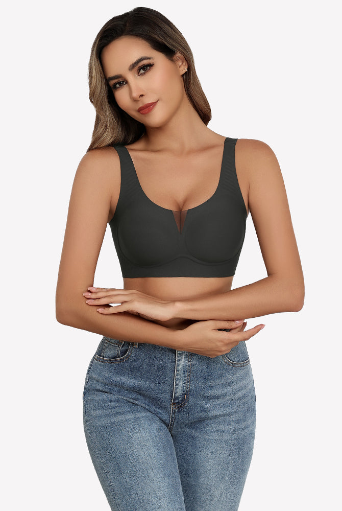 Dark gray seamless deep V comfort bra, mesh deep V design, full coverage and support