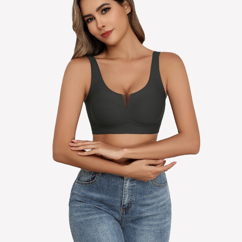 Dark gray seamless deep V comfort bra, mesh deep V design, full coverage and support