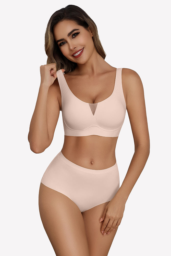 Beige seamless deep V comfort bra and underwear set, full coverage, wireless design, model wearing