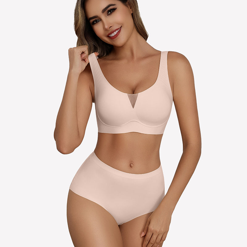 Beige seamless deep V comfort bra and underwear set, full coverage, wireless design, model wearing