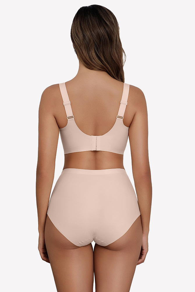 Beige seamless deep V comfort bra and underwear set, full coverage, wireless design