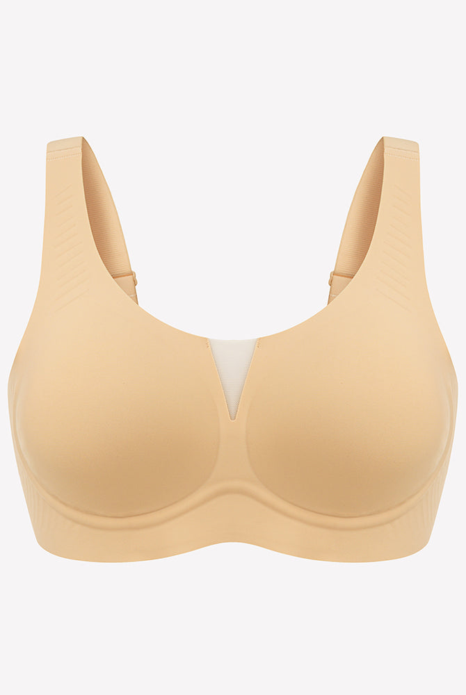 Beige seamless deep V comfort bra with mesh, full coverage and support, wireless design