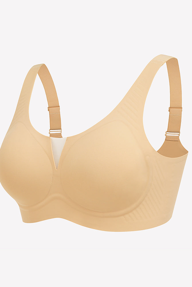Seamless beige deep V comfort bra with mesh, offering full coverage and support, wireless