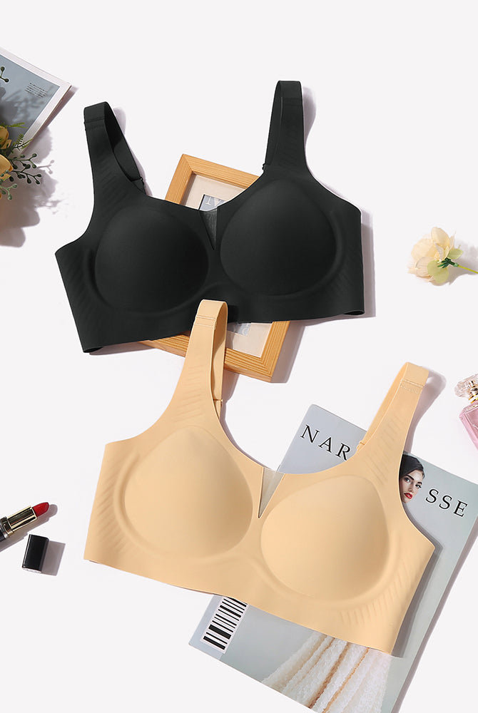 Seamless deep V comfort bras, black and beige, mesh deep V design, full coverage, wireless