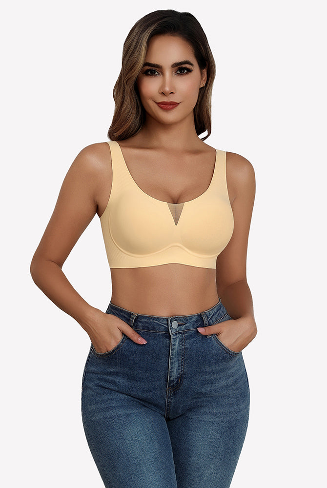 Yellow seamless deep V comfort bra with mesh, offering full coverage and support.