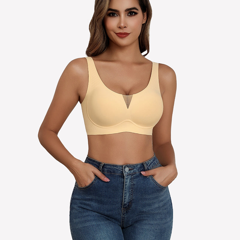 Yellow seamless deep V comfort bra with mesh, offering full coverage and support.