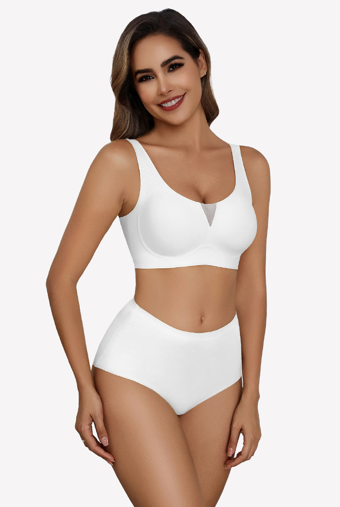 White seamless deep V comfort bra set, mesh deep V design, full coverage, wireless, model