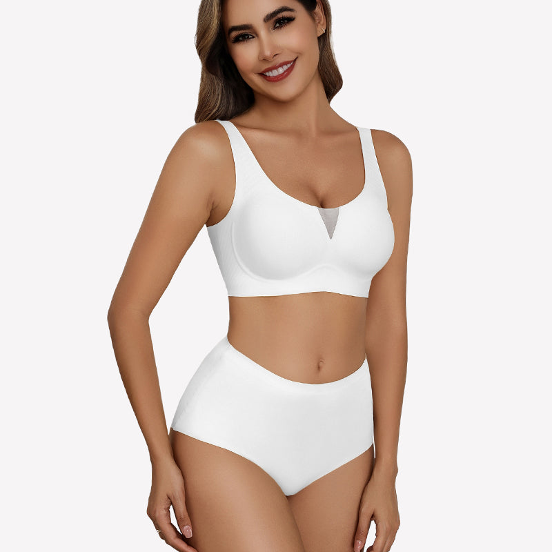 White seamless deep V comfort bra set, mesh deep V design, full coverage, wireless, model