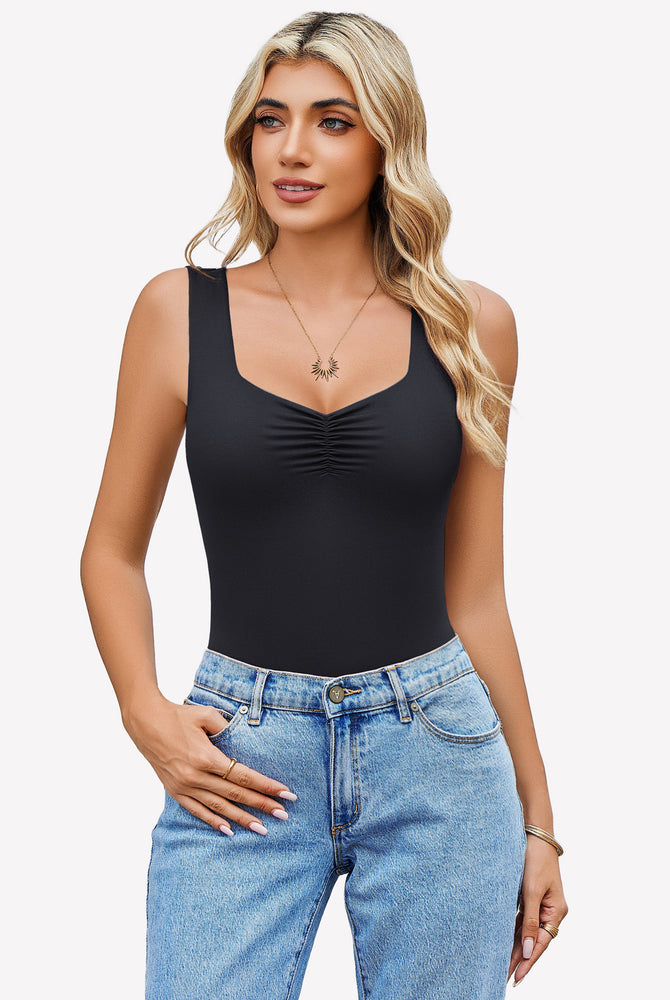 Black Sweetheart Neck Ruched Bodysuit, tank top, paired with blue jeans, perfect for casual wear.