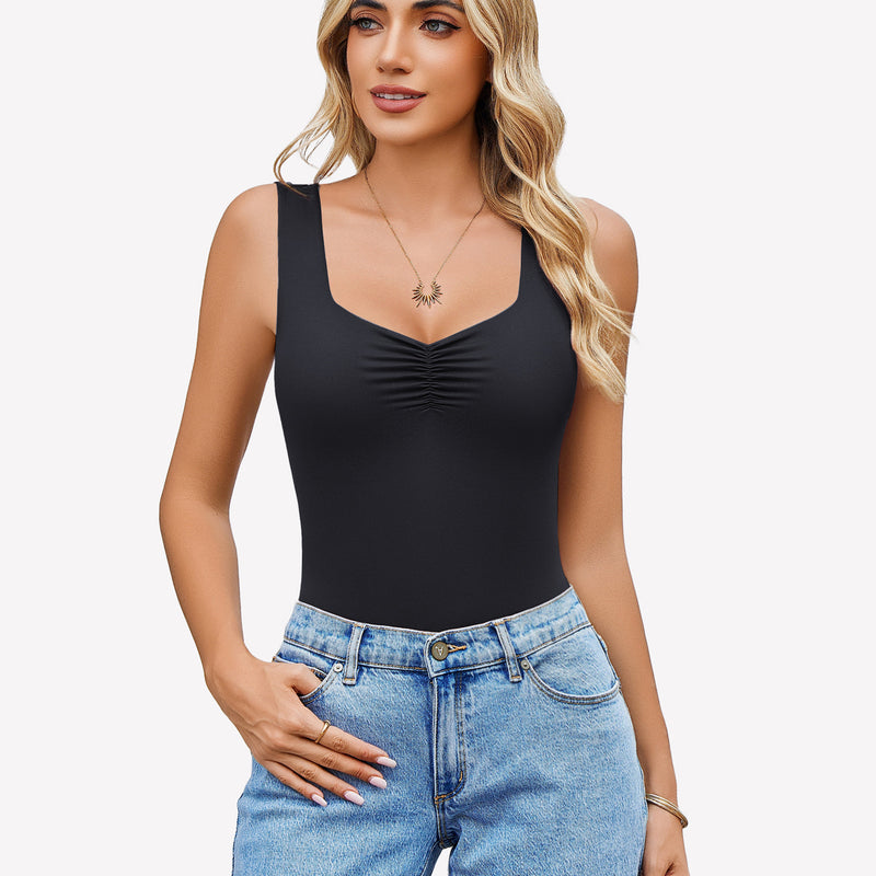 Black Sweetheart Neck Ruched Bodysuit, tank top, paired with blue jeans, perfect for casual wear.
