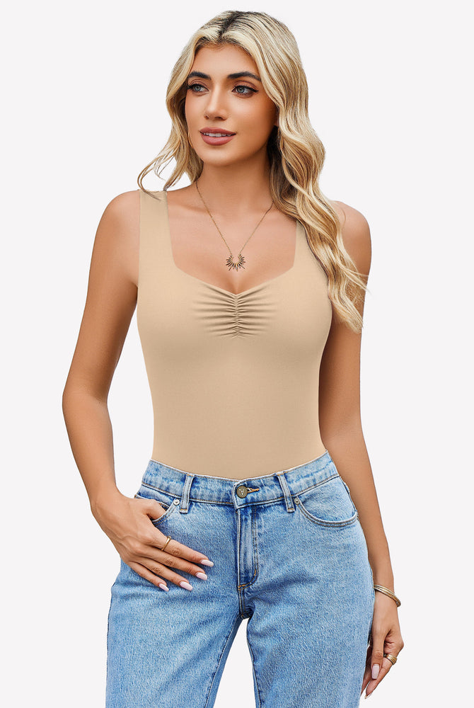 Beige sweetheart neck ruched bodysuit tank top with blue jeans. Casual wear.