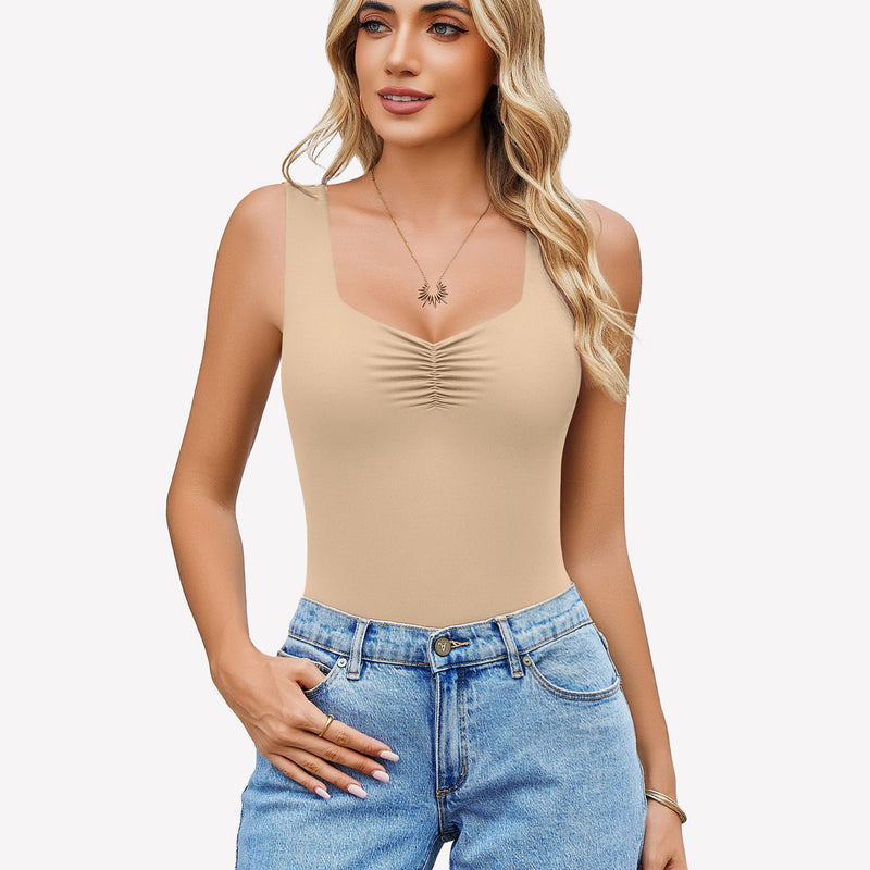 Beige sweetheart neck ruched bodysuit tank top with blue jeans. Casual wear.