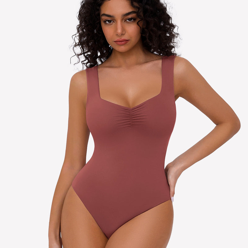Mauve sweetheart neck ruched bodysuit, tank top style. Perfect for casual wear.