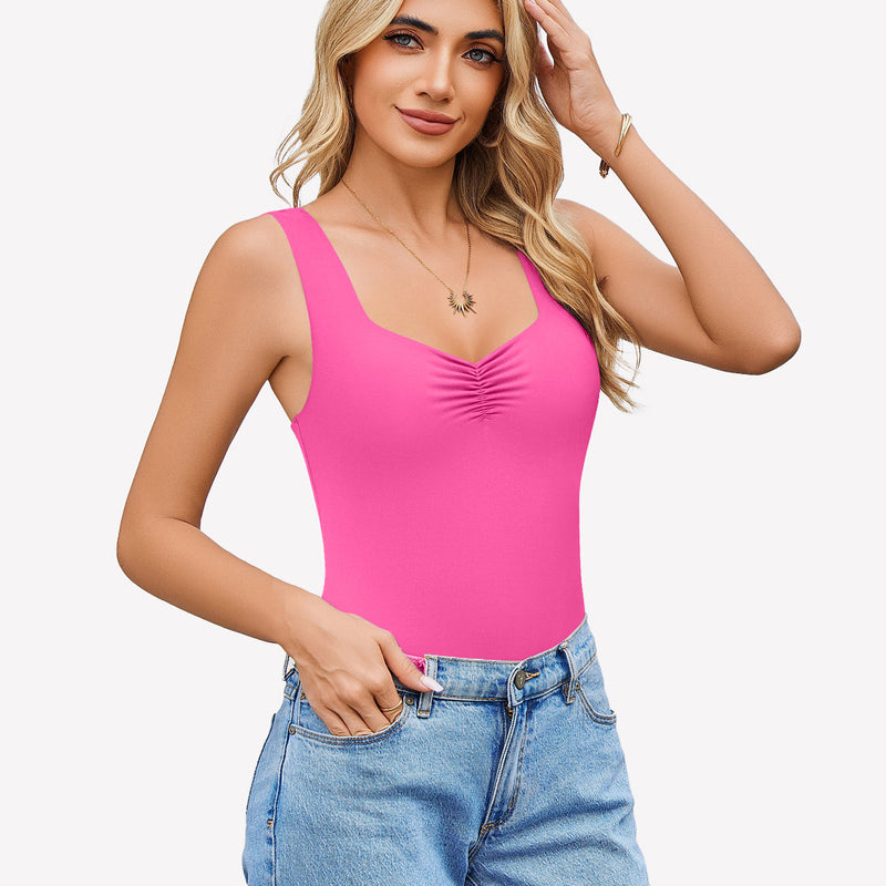 Pink sweetheart neck ruched bodysuit tank top with blue jeans. Casual wear.