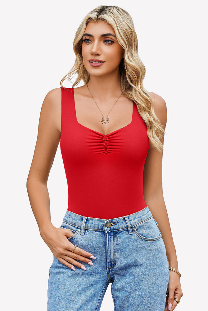 Red sweetheart neck ruched bodysuit tank top with blue jeans. Casual wear.