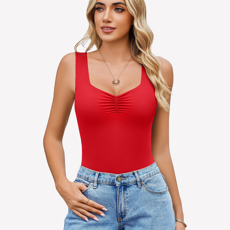 Red sweetheart neck ruched bodysuit tank top with blue jeans. Casual wear.