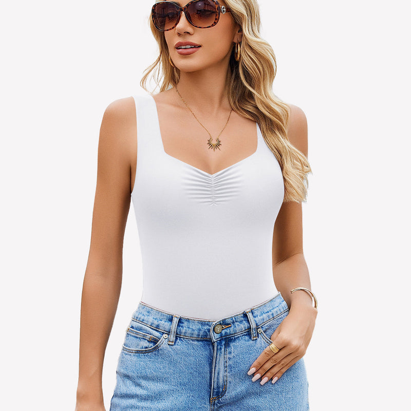 White sweetheart neck ruched bodysuit tank top with blue jeans. Casual wear.