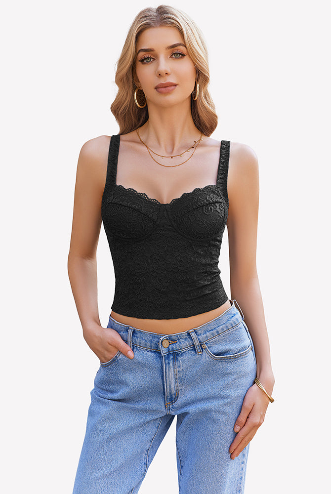 Black Lace Sleeveless Sweetheart Neck Crop Top, perfect for party, date night, or summer festival.