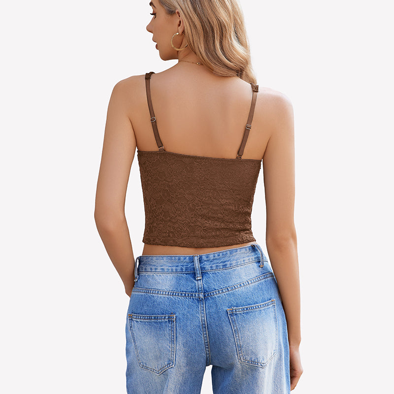 Brown lace crop top with adjustable straps, perfect for party, date night, or summer festival.