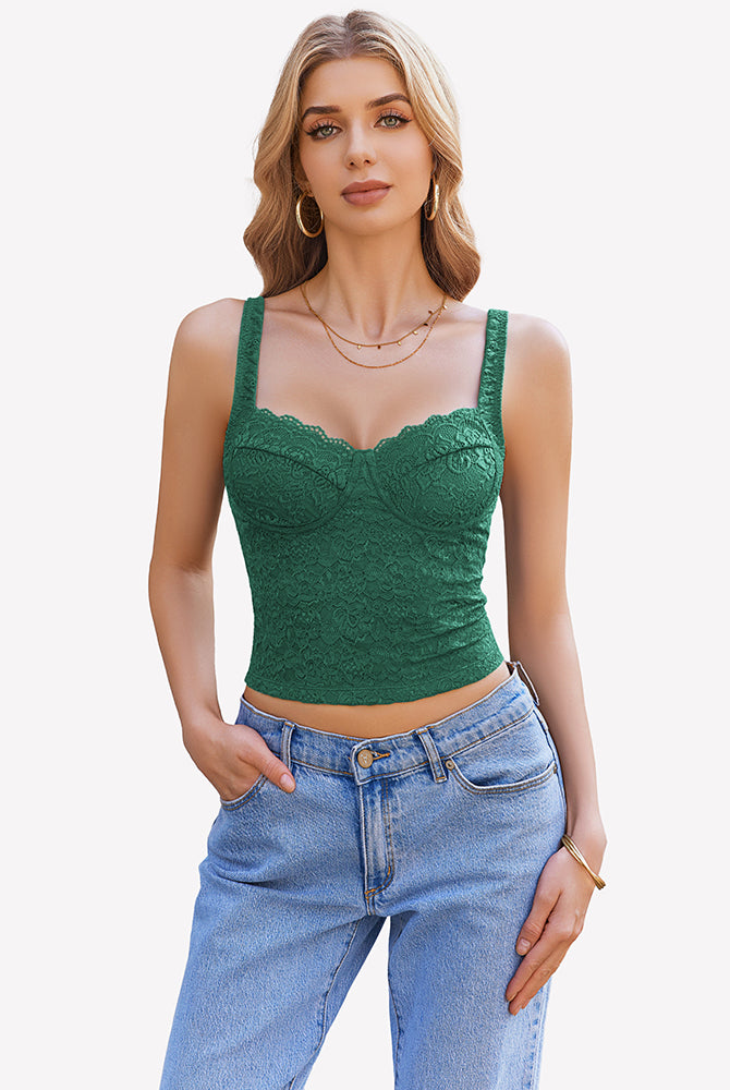 Green lace sweetheart neck crop top, adjustable straps, perfect for party or date night.
