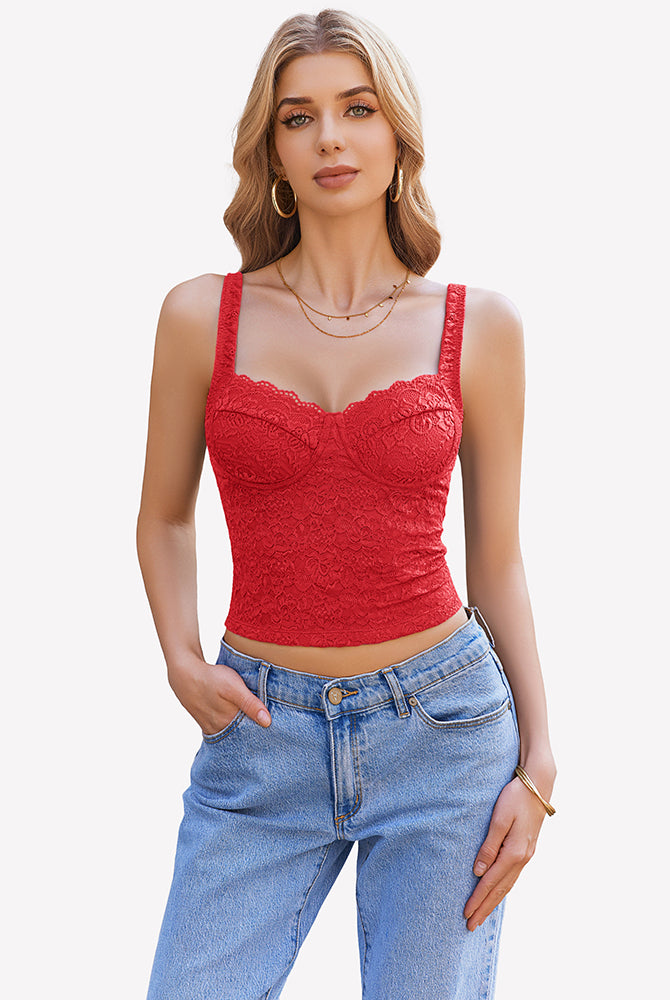 Red lace sweetheart neck crop top with adjustable straps, ideal for party or date night.