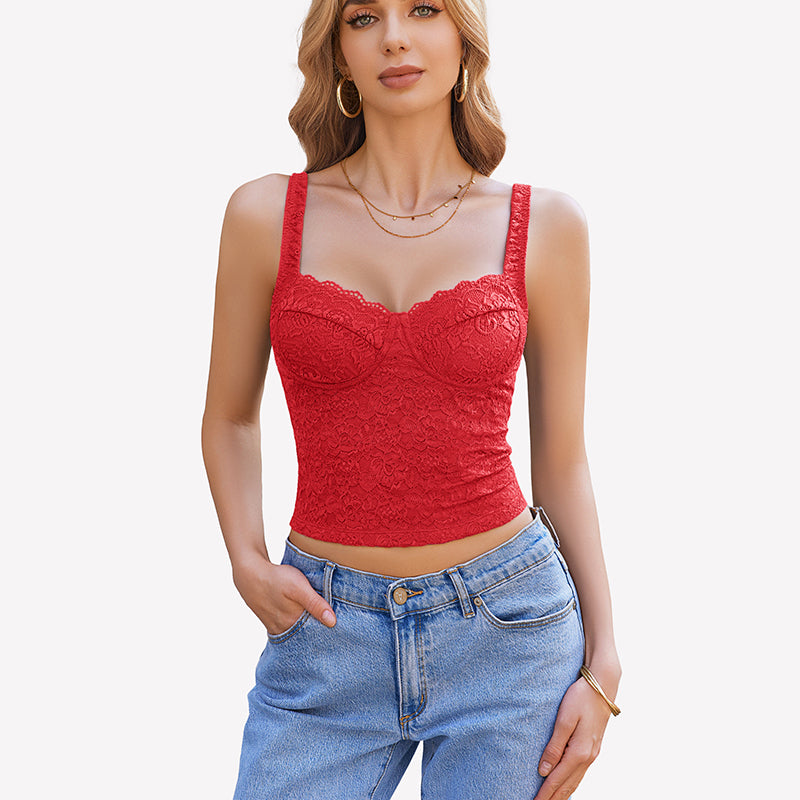 Red lace sweetheart neck crop top with adjustable straps, ideal for party or date night.