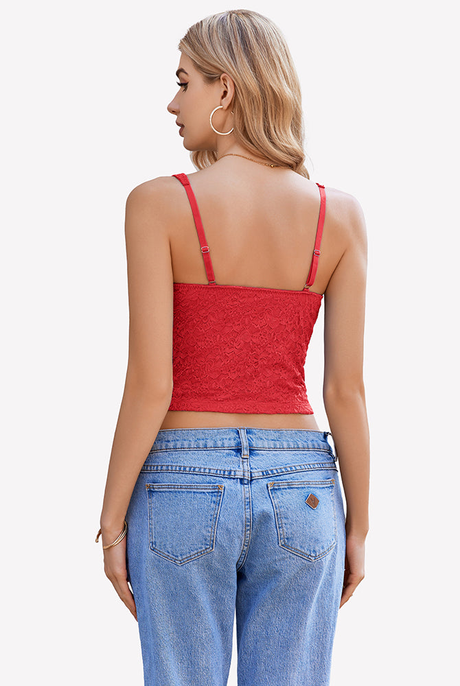 Red lace sweetheart neck crop top with adjustable straps, perfect for party or date night.