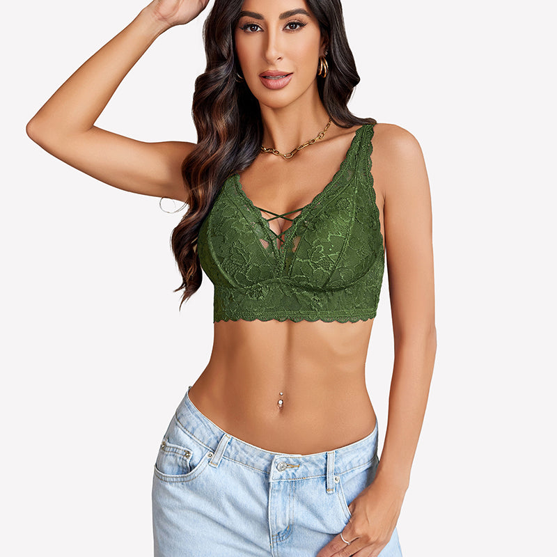 Green lace bralette with V-neck and criss-cross design, perfect for date nights or everyday wear.