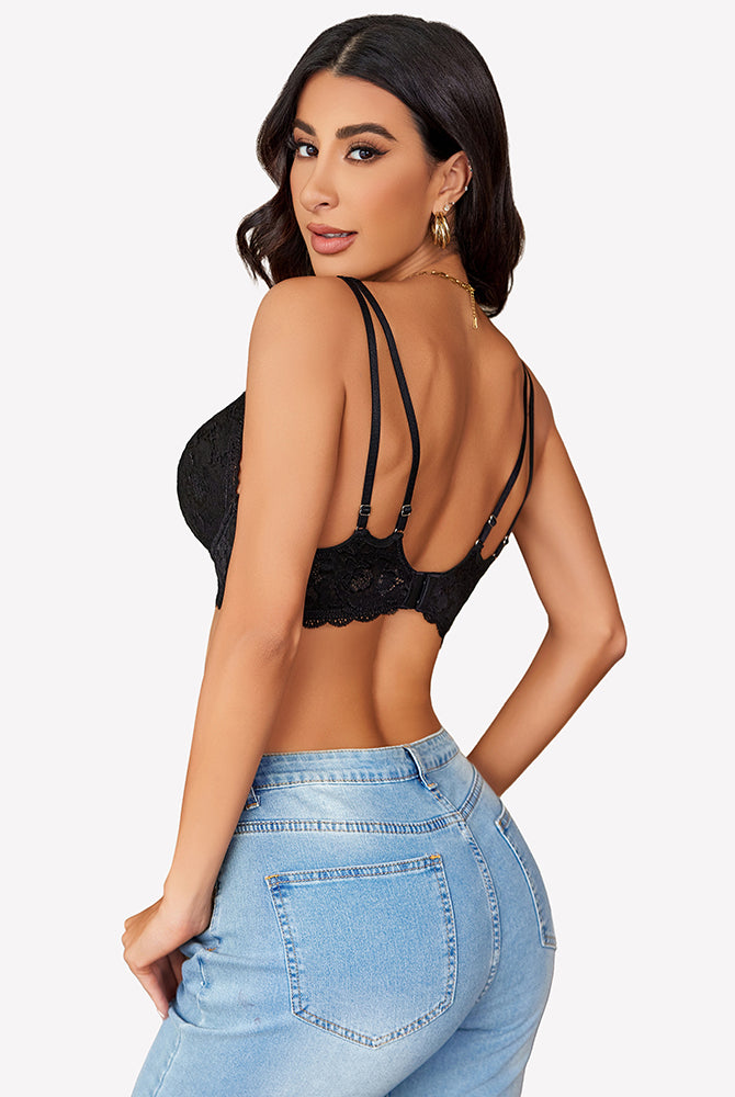 Black lace bralette with V-neck and adjustable straps, perfect for date nights or everyday wear.