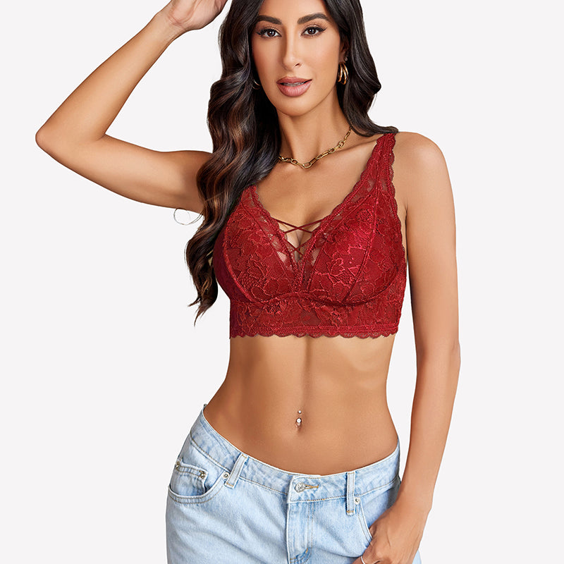 Burgundy lace bralette with V-neck and criss-cross design, perfect for date nights or everyday wear.