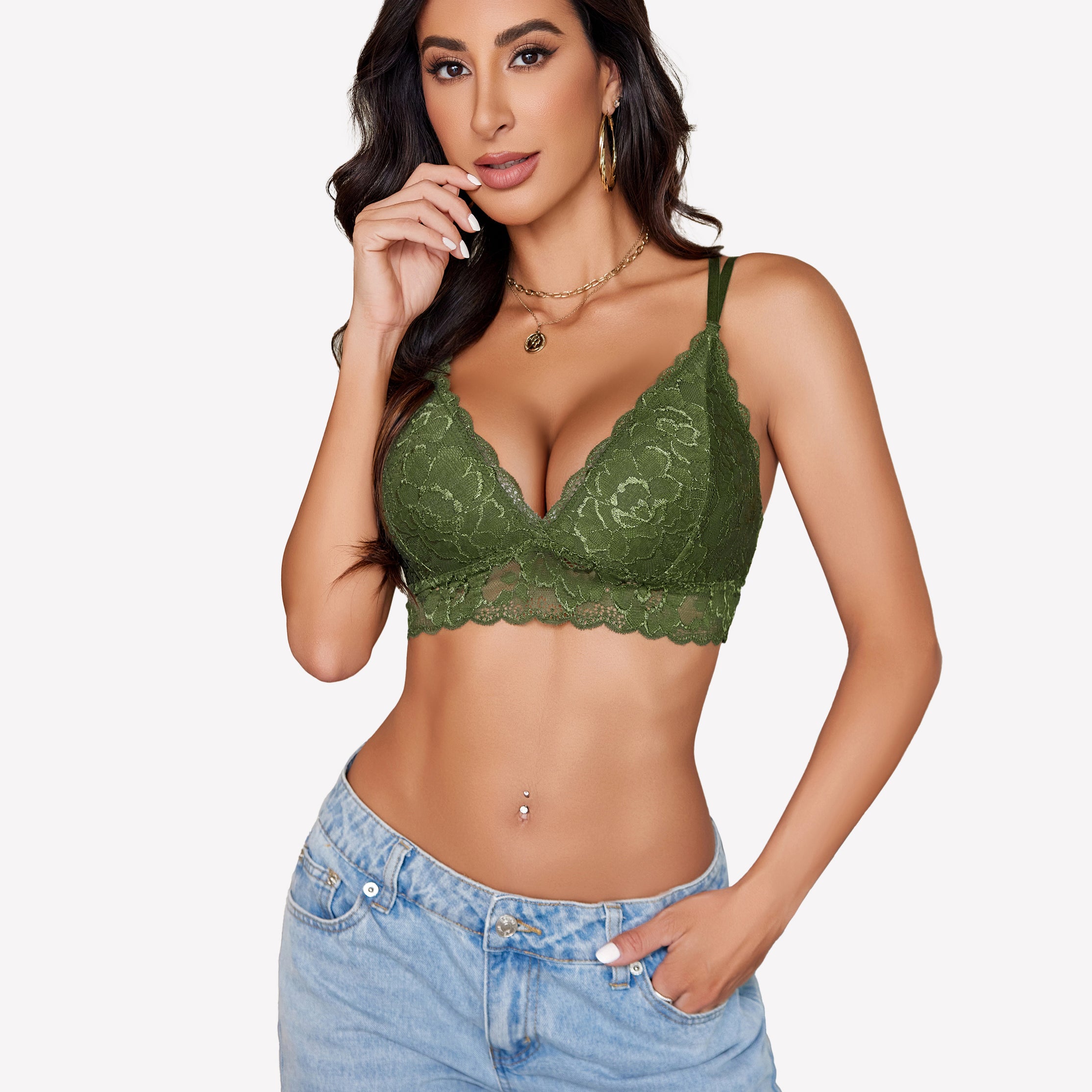Green floral lace bralette with cross-back design, part of the Floral Lace Bralettes collection