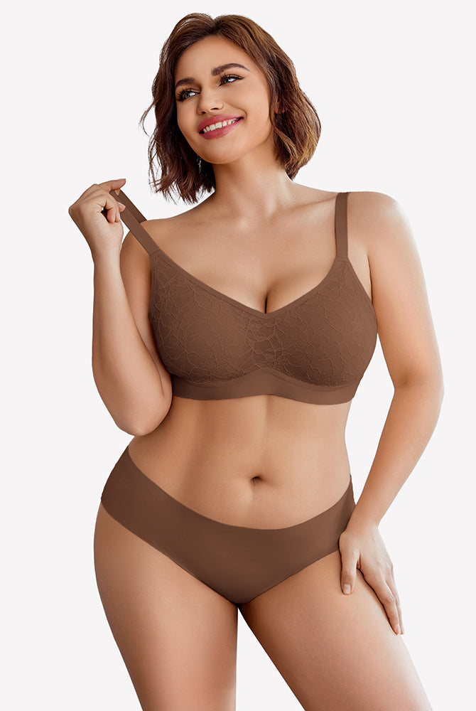 Brown lace full coverage wireless bra and seamless underwear set