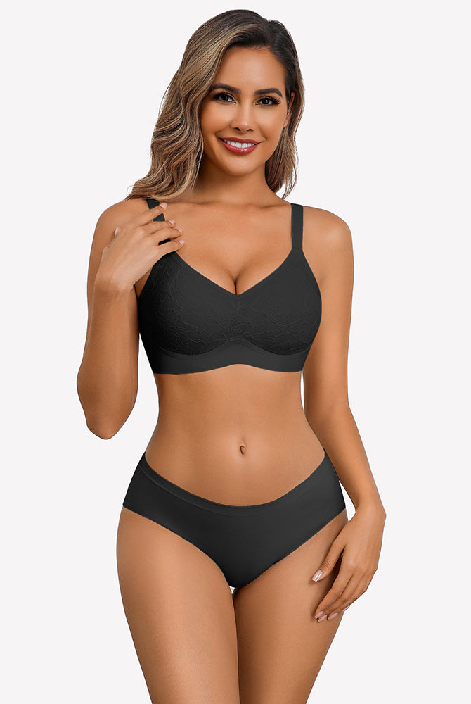 Black lace full coverage wireless bra and underwear set, offering comfort and support.