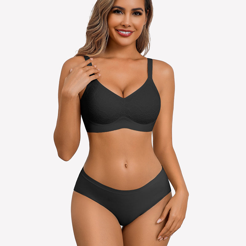 Black lace full coverage wireless bra and underwear set, offering comfort and support.