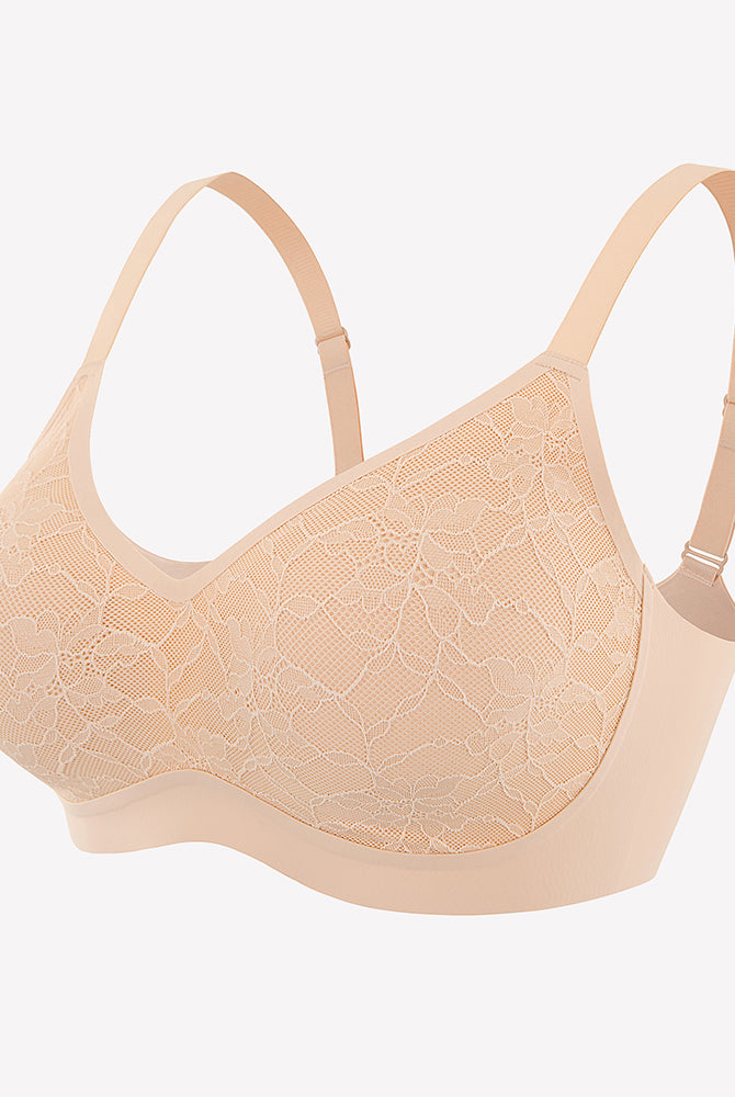 Beige lace full coverage wireless bra with adjustable straps, offering comfort and support.