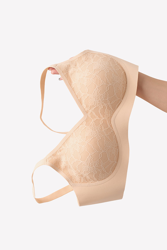 Beige lace wireless full coverage bra, offering comfort and support for everyday wear.