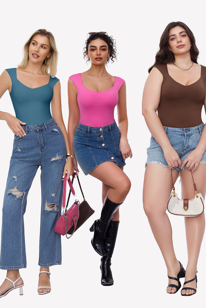 Seamless tank top thong bodysuit with sweetheart neckline. Teal, pink, brown. Sexy and trendy.