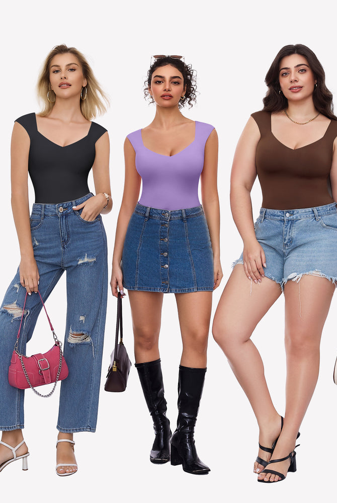 Seamless tank top thong bodysuit with sweetheart neckline. Black, lavender, brown. Sexy and trendy.