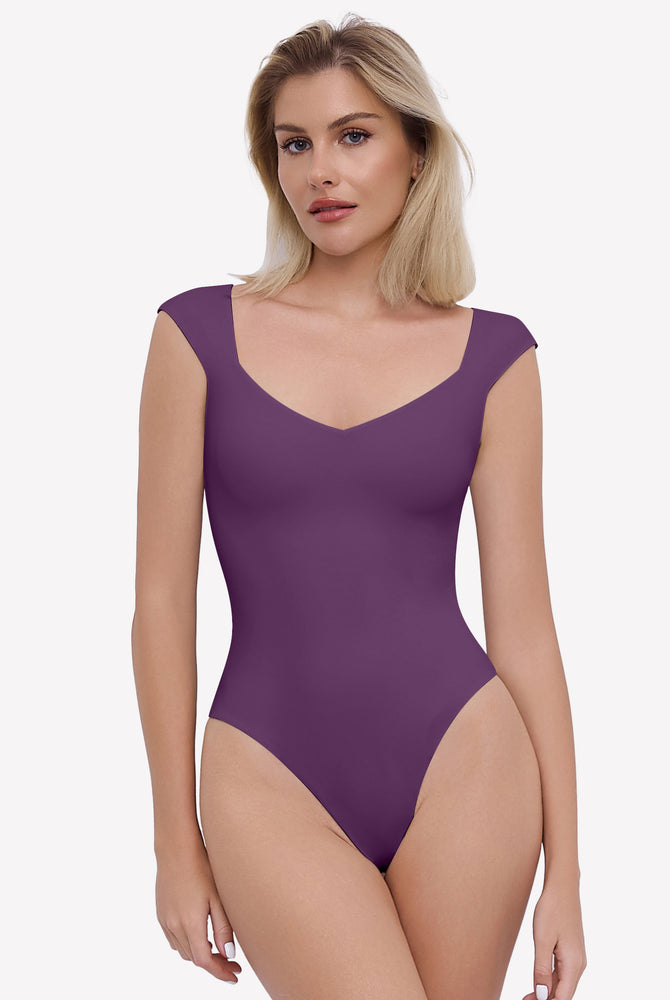 Purple seamless bodysuit with cap sleeves and sweetheart neckline. Sexy and trendy.