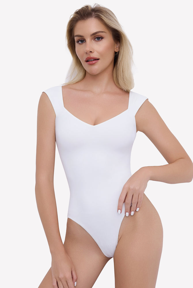 White seamless tank top thong bodysuit with sweetheart neckline. Trendy and sexy lingerie.