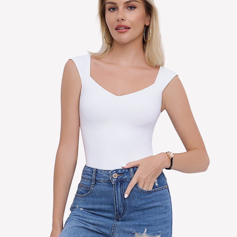 White seamless tank top bodysuit with sweetheart neckline and jeans. Trendy and sexy.