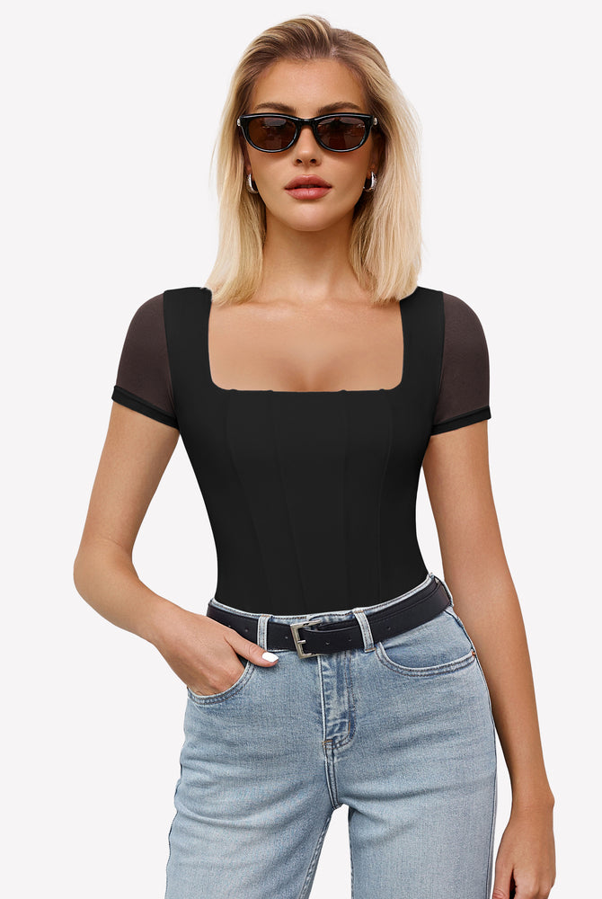 Black square neck mesh bodysuit, perfect for date night or going out ensemble, paired with jeans