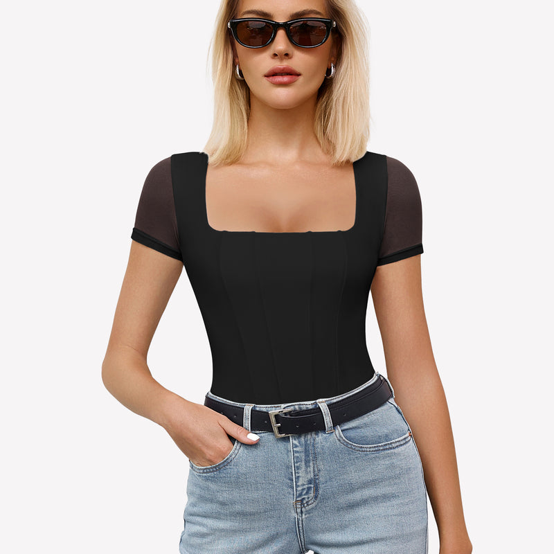 Black square neck mesh bodysuit, perfect for date night or going out ensemble, paired with jeans