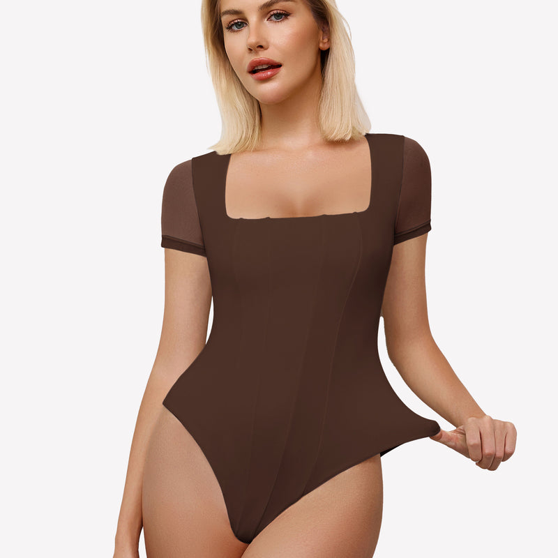 Brown square neck mesh bodysuit, perfect for a date night or going out ensemble, paired with jeans