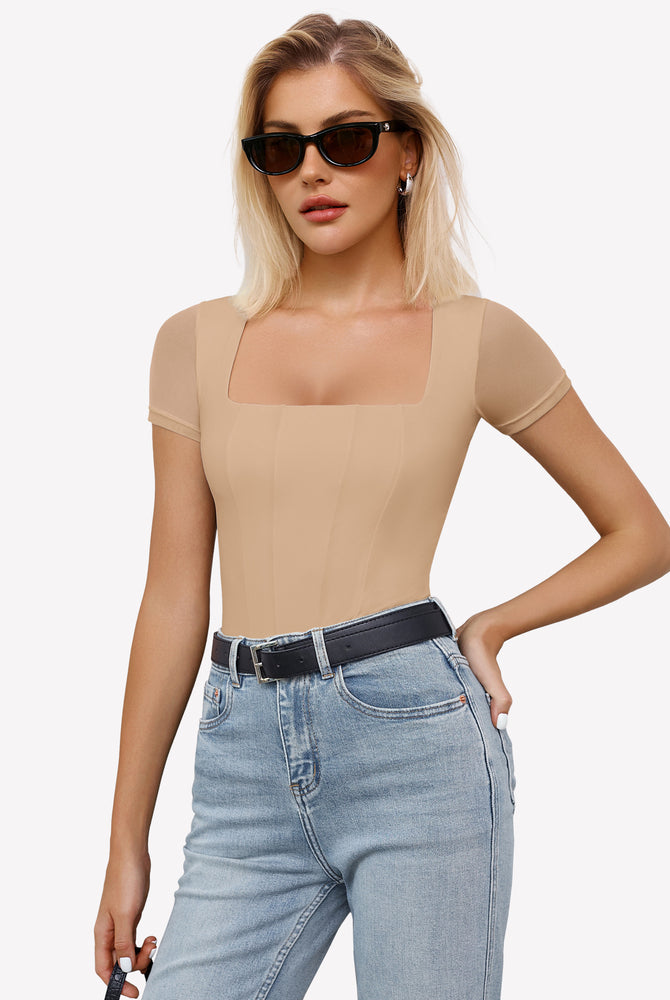 Beige mesh bodysuit with square neck and short sleeves, paired with jeans; perfect for a night out