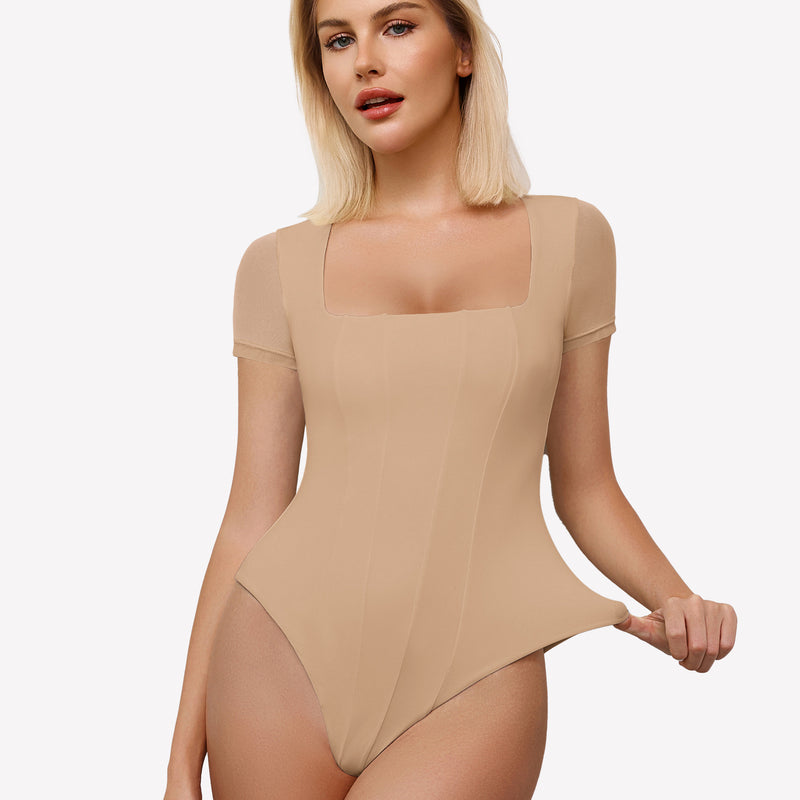Beige square neck mesh bodysuit with short sleeves, perfect for date night or going out ensemble.