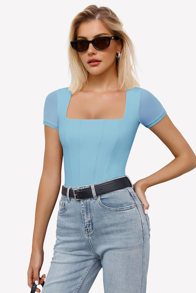 Light blue square neck mesh bodysuit, perfect for a night out ensemble with jeans.
