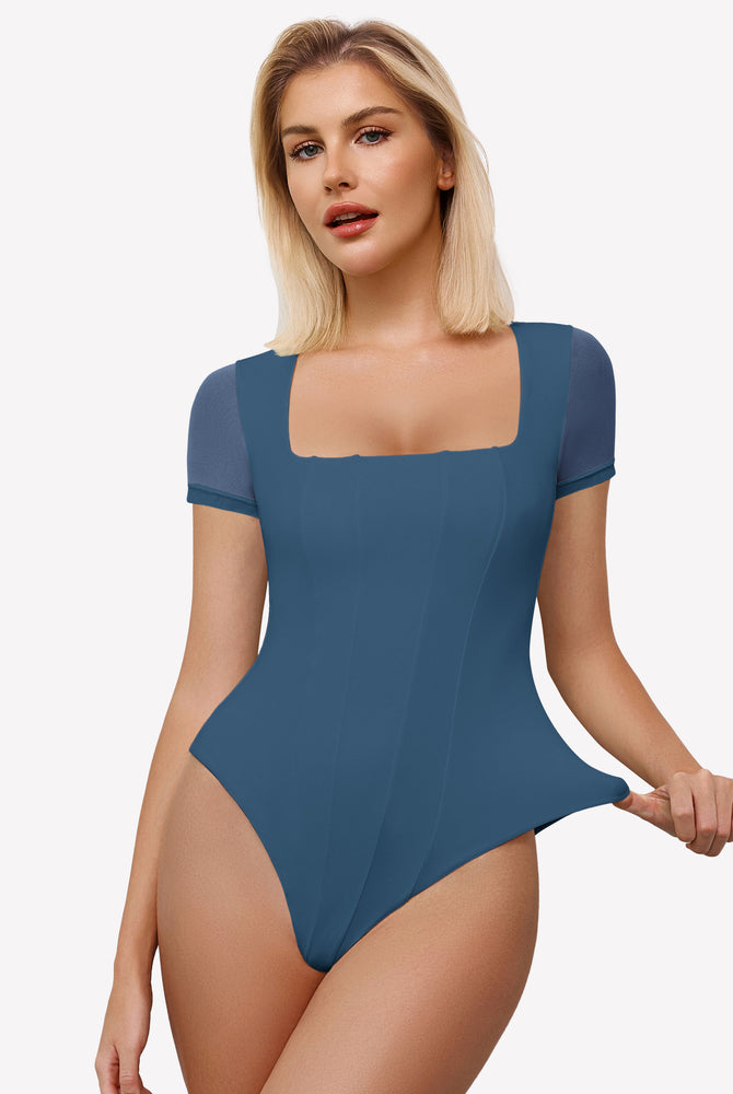 Teal square neck mesh bodysuit with short sleeves, perfect for date night or going out ensemble